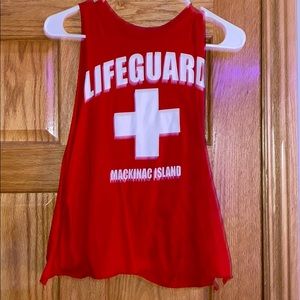 red lifeguard cut off shirt